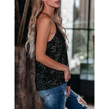 miduo Women's Tank Tops Summer Fashion 2025 Sequin V Neck Strappy Tanks Tops Camisole Shirts Tops Blouses Tanks for Holiday Clubwear Black XL
