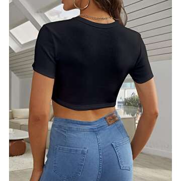 Dwnval Sexy T Shirt Crewneck Short Sleeve Ribbed Knitted Basic Womens Summer Tops(2#Black,S)