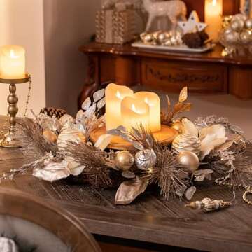 Valery Madelyn 24 Inch Pre-Lit Christmas Wreath for Front Door with Lights, Large Elegant Valentine’s Day Wreath with Champagne Gold Xmas Balls for Table Centrepiece Holiday Party Wedding Decor