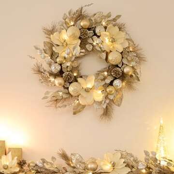 Valery Madelyn 24 Inch Pre-Lit Christmas Wreath for Front Door with Lights, Large Elegant Valentine’s Day Wreath with Champagne Gold Xmas Balls for Table Centrepiece Holiday Party Wedding Decor
