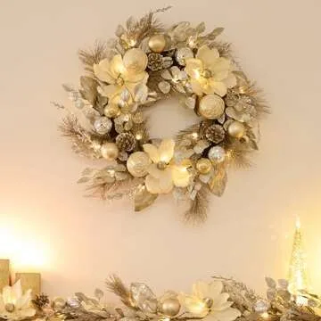 Valery Madelyn 24 Inch Pre-Lit Christmas Wreath for Front Door with Lights, Large Elegant Valentine’s Day Wreath with Champagne Gold Xmas Balls for Table Centrepiece Holiday Party Wedding Decor