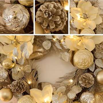Valery Madelyn 24 Inch Pre-Lit Christmas Wreath for Front Door with Lights, Large Elegant Valentine’s Day Wreath with Champagne Gold Xmas Balls for Table Centrepiece Holiday Party Wedding Decor