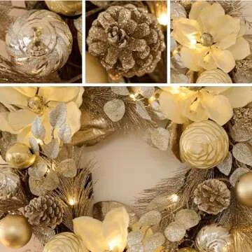 Valery Madelyn 24 Inch Pre-Lit Christmas Wreath for Front Door with Lights, Large Elegant Valentine’s Day Wreath with Champagne Gold Xmas Balls for Table Centrepiece Holiday Party Wedding Decor