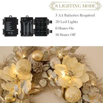 Valery Madelyn 24 Inch Pre-Lit Christmas Wreath for Front Door with Lights, Large Elegant Valentine’s Day Wreath with Champagne Gold Xmas Balls for Table Centrepiece Holiday Party Wedding Decor