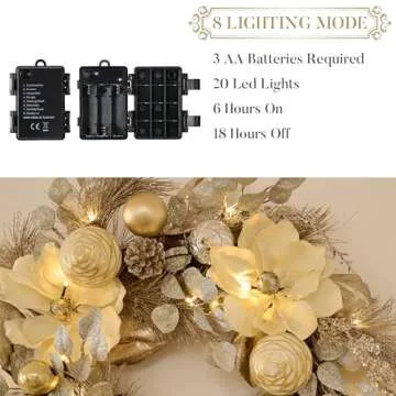 Valery Madelyn 24 Inch Pre-Lit Christmas Wreath for Front Door with Lights, Large Elegant Valentine’s Day Wreath with Champagne Gold Xmas Balls for Table Centrepiece Holiday Party Wedding Decor