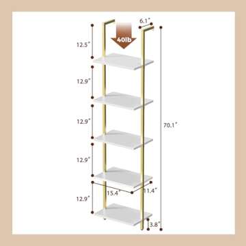 SUPERJARE 5 Tier Bookshelf, Narrow Book Shelf with Open Display Shelves, Small Bookcase with Metal Frame for Bedroom, Living Room, White and Gold