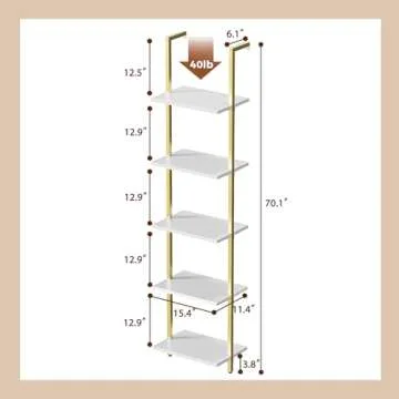 SUPERJARE 5 Tier Bookshelf, Narrow Book Shelf with Open Display Shelves, Small Bookcase with Metal Frame for Bedroom, Living Room, White and Gold