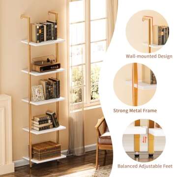 SUPERJARE 5 Tier Bookshelf, Narrow Book Shelf with Open Display Shelves, Small Bookcase with Metal Frame for Bedroom, Living Room, White and Gold