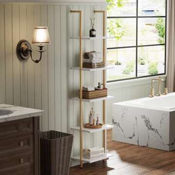 SUPERJARE 5 Tier Bookshelf, Narrow Book Shelf with Open Display Shelves, Small Bookcase with Metal Frame for Bedroom, Living Room, White and Gold