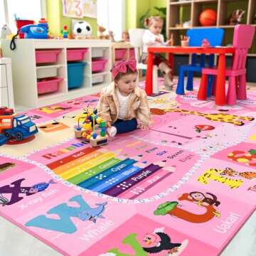 Pink Playroom Rug 4x6,Rugs for Girls Kids Bedroom Nursery Rug,ABC Rug with Alphabets Animals Shapes,Educational and Fun Child Playmat Baby Care Rug,Learning Rug Carpets for Children Toddler