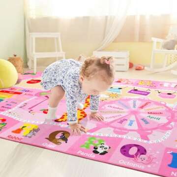 Pink Playroom Rug 4x6,Rugs for Girls Kids Bedroom Nursery Rug,ABC Rug with Alphabets Animals Shapes,Educational and Fun Child Playmat Baby Care Rug,Learning Rug Carpets for Children Toddler