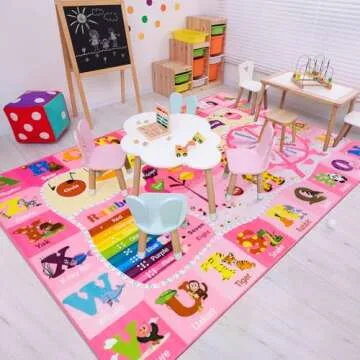 Pink Playroom Rug 4x6,Rugs for Girls Kids Bedroom Nursery Rug,ABC Rug with Alphabets Animals Shapes,Educational and Fun Child Playmat Baby Care Rug,Learning Rug Carpets for Children Toddler