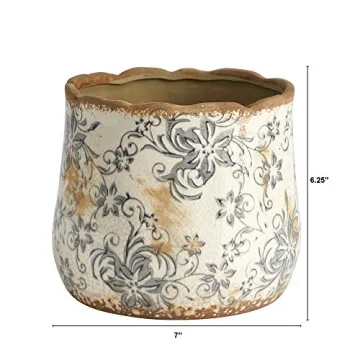 Nearly Natural 7in Ceramic Gray Scroll Planter for Home Decor