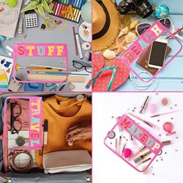 SUEBONI Makeup Bag Waterproof Leather Cosmetic Bag Toiletry Bag,DIY Chenille Letter Bag Nvlon Clear Travel Makeup Bag for Women Girls (Rose Red)