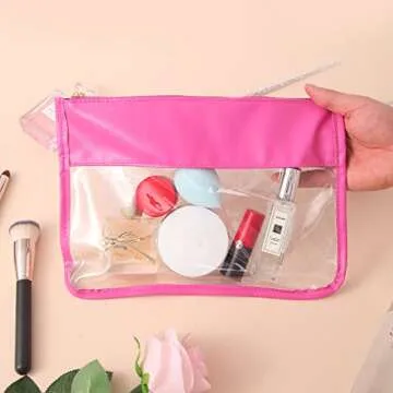 SUEBONI Makeup Bag Waterproof Leather Cosmetic Bag Toiletry Bag,DIY Chenille Letter Bag Nvlon Clear Travel Makeup Bag for Women Girls (Rose Red)
