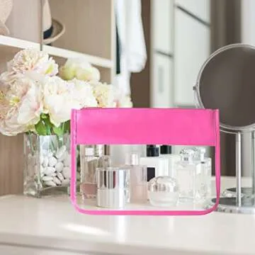 SUEBONI Makeup Bag Waterproof Leather Cosmetic Bag Toiletry Bag,DIY Chenille Letter Bag Nvlon Clear Travel Makeup Bag for Women Girls (Rose Red)