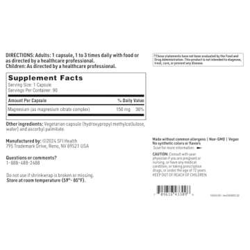 Klaire Labs SFI Health Magnesium Citrate - Readily Soluble Magnesium Supplement for Women & Men - 150mg Magnesium Citrate Capsules - Support Healthy Relaxation & Bone Health (90 Capsules)