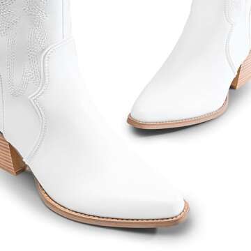 DREAM PAIRS Womens Cowboy Boots Comfortable Pull On Zipper Chunky Heel Pointed Toe Embroidered Western Cowgirl Knee High Boots Girls Ladies Retro Tall Boot,Size 8.5,White,SDKB224W