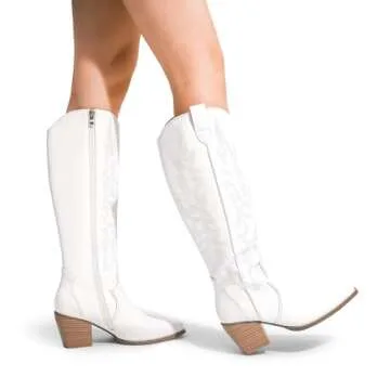 DREAM PAIRS Womens Cowboy Boots Comfortable Pull On Zipper Chunky Heel Pointed Toe Embroidered Western Cowgirl Knee High Boots Girls Ladies Retro Tall Boot,Size 8.5,White,SDKB224W