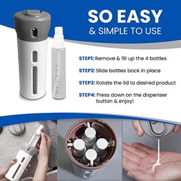 GOHARI 4 in 1 Travel Dispenser - Refillable Travel Container with 4 Liquid Dispenser for Toiletries, Shampoo, Lotion, Gel, Body Wash, Makeup - TSA Approved, Leak Proof, Bonus Pouch Bag, Labels (Pink)