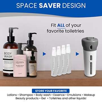 GOHARI 4 in 1 Travel Dispenser - Refillable Travel Container with 4 Liquid Dispenser for Toiletries, Shampoo, Lotion, Gel, Body Wash, Makeup - TSA Approved, Leak Proof, Bonus Pouch Bag, Labels (Pink)