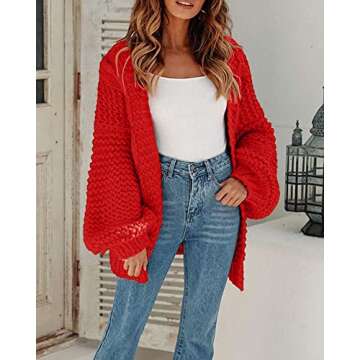 Remikstyt Womens Chunky Cardigan Cable Knit Oversized Open Front Cardigan Sweaters Red