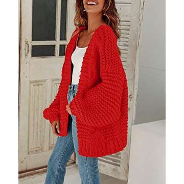 Remikstyt Womens Chunky Cardigan Cable Knit Oversized Open Front Cardigan Sweaters Red