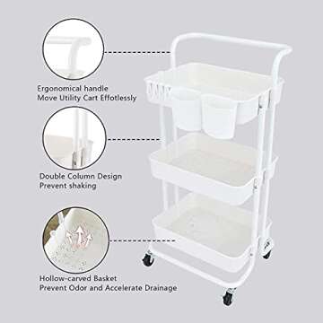 WkHocYHm 3-Tiers Rolling Utility Cart for Storage