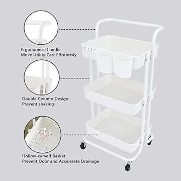 WkHocYHm 3-Tiers Rolling Utility Cart for Storage