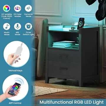 EPHEX Nightstand with LED Lights and Charging Station, End Side Table with 2 Drawers and Open Storage, Modern Bedside Table for Bedroom, Black, 1PCS