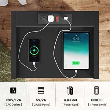 EPHEX Nightstand with LED Lights and Charging Station, End Side Table with 2 Drawers and Open Storage, Modern Bedside Table for Bedroom, Black, 1PCS