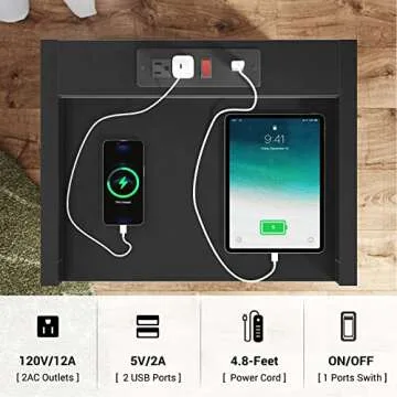 EPHEX Nightstand with LED Lights and Charging Station, End Side Table with 2 Drawers and Open Storage, Modern Bedside Table for Bedroom, Black, 1PCS