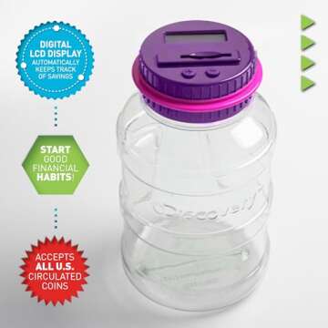DISCOVERY KIDS Digital Coin-Counting Money Jar with LCD Screen, Keeps Track of Deposits, Battery Operated, Automatic Piggy Bank Savings for US Coins, Childrens Financial Educational Learning Tool Gift
