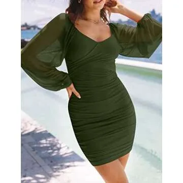 ZESICA Women's Sexy V Neck Ruched Bodycon Mini Dress Puff Long Sleeve Cocktail Wedding Party Short Dresses,ArmyGreen,X-Small