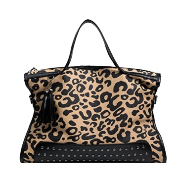 Oversized Leopard Purse,Women Studded Tote Handbags Animal Printing Punk Large Shoulder Bags Hobo Ta...