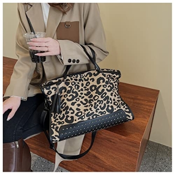 Oversized Leopard Purse,Women Studded Tote Handbags Animal Printing Punk Large Shoulder Bags Hobo Tassel Rocker Rivet