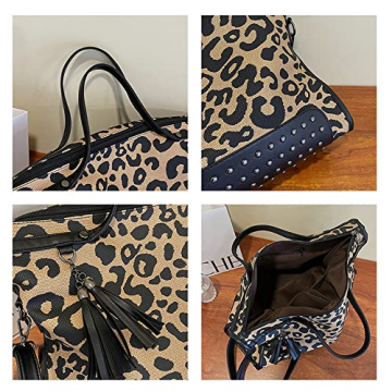 Oversized Leopard Purse,Women Studded Tote Handbags Animal Printing Punk Large Shoulder Bags Hobo Tassel Rocker Rivet