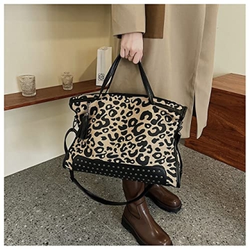 Oversized Leopard Purse,Women Studded Tote Handbags Animal Printing Punk Large Shoulder Bags Hobo Tassel Rocker Rivet