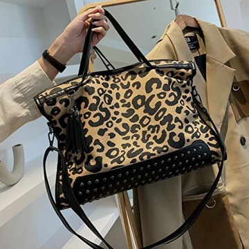 Oversized Leopard Purse,Women Studded Tote Handbags Animal Printing Punk Large Shoulder Bags Hobo Tassel Rocker Rivet