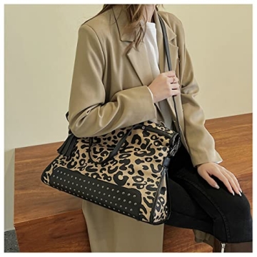 Oversized Leopard Purse,Women Studded Tote Handbags Animal Printing Punk Large Shoulder Bags Hobo Tassel Rocker Rivet