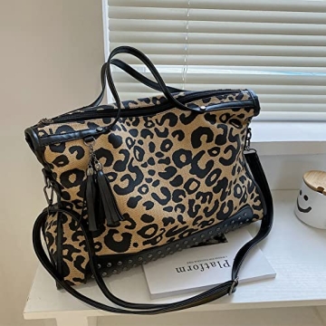 Oversized Leopard Purse,Women Studded Tote Handbags Animal Printing Punk Large Shoulder Bags Hobo Tassel Rocker Rivet