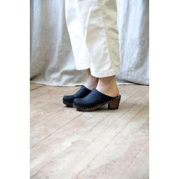 Sandgrens Handmade Swedish Wood Clogs for Women, High Heel Mule - Dublin Black Nubuck