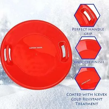 Slippery Racer Heavy-Duty Cold Resistant Downhill Pro Plastic Outdoor Winter Saucer Disc Snow Sled with Handles, Red