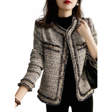 Anzber Women's Fashion Tweed Jackets Button Down Cropped Short Cardigan Open Front Long Sleeve Casua...