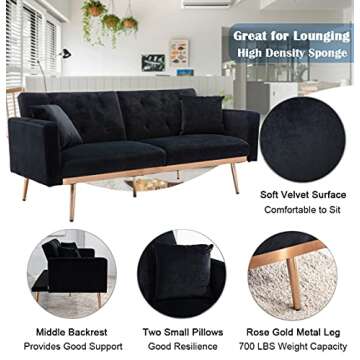 SLEERWAY Modern Velvet Futon Sofa Bed, Convertible Sleeper Sofa with Pillows, Small Couch for Living Room, Black