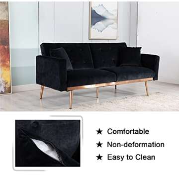 SLEERWAY Modern Velvet Futon Sofa Bed, Convertible Sleeper Sofa with Pillows, Small Couch for Living Room, Black