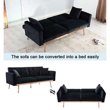 SLEERWAY Modern Velvet Futon Sofa Bed, Convertible Sleeper Sofa with Pillows, Small Couch for Living Room, Black