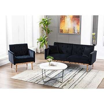 SLEERWAY Modern Velvet Futon Sofa Bed, Convertible Sleeper Sofa with Pillows, Small Couch for Living Room, Black