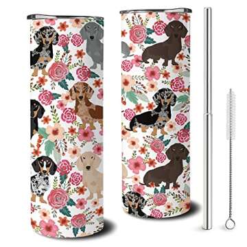 Heqianco Dachshund gifts - Dachshund gifts for women - Dachshund for Dog Lovers-20 oz Dachshund Tumbler with Straw and Lid - Stainless Steel Insulated Travel Coffee Mug