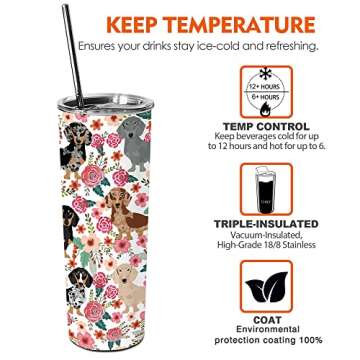 Heqianco Dachshund gifts - Dachshund gifts for women - Dachshund for Dog Lovers-20 oz Dachshund Tumbler with Straw and Lid - Stainless Steel Insulated Travel Coffee Mug